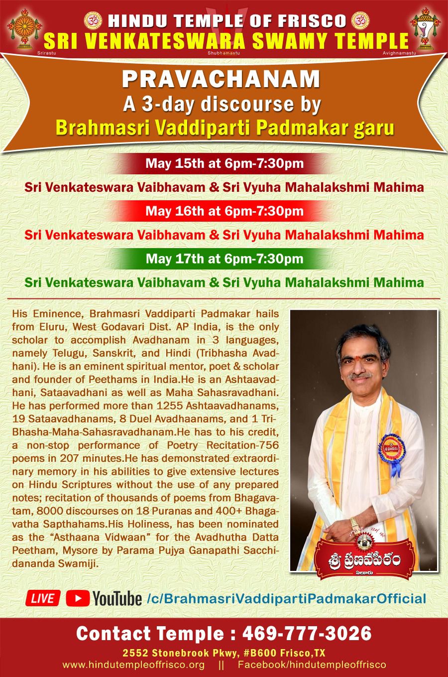 PRAVACHANAM from May 15th to May 17th